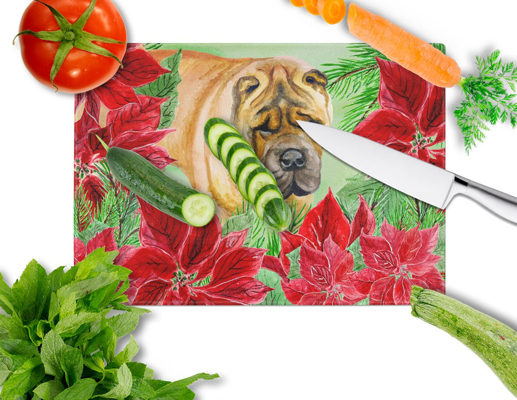 Shar Pei Poinsettas Cutting Board Tempered Glass Kitchen Cutting Surface, Heat Resistant Chopping, Non-Slip Feet, Food Prep & Serving