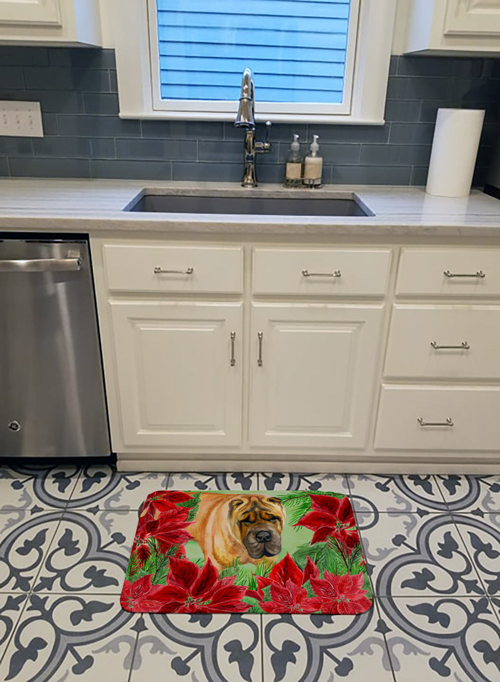 Shar Pei Poinsettas Memory Foam Kitchen Mat Machine Washable Anti-Fatigue Cushion Comfort Bath or Kitchen Rug