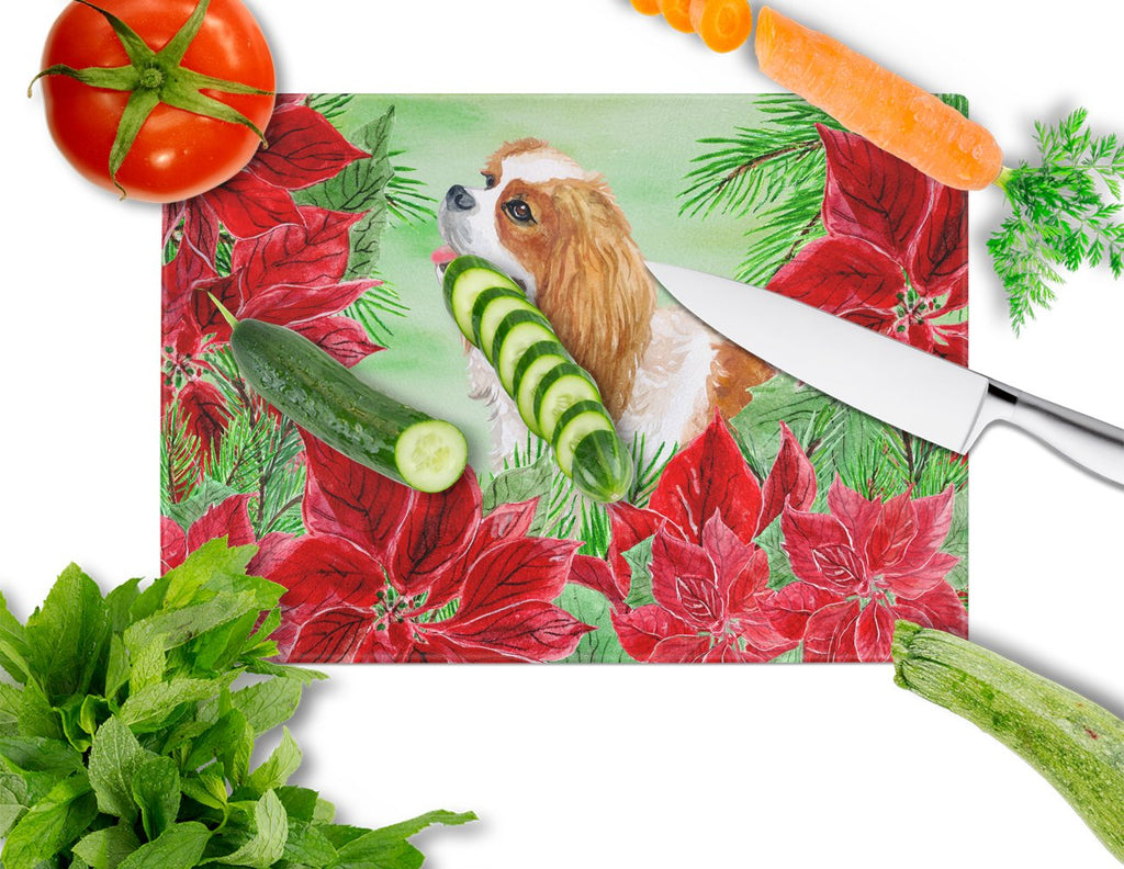 Cavalier Spaniel Poinsettas Cutting Board Tempered Glass Kitchen Cutting Surface, Heat Resistant Chopping, Non-Slip Feet, Food Prep & Serving