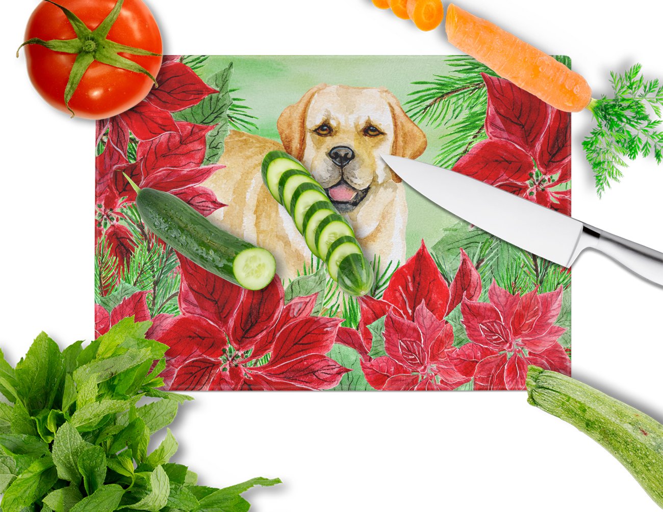 Golden Retriever Poinsettas Cutting Board Tempered Glass Kitchen Cutting Surface, Heat Resistant Chopping, Non-Slip Feet, Food Prep & Serving