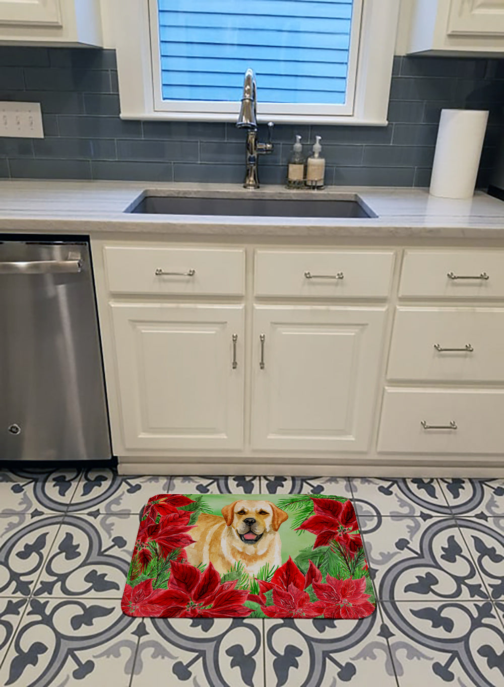 Golden Retriever Poinsettas Memory Foam Kitchen Mat Machine Washable Anti-Fatigue Cushion Comfort Bath or Kitchen Rug