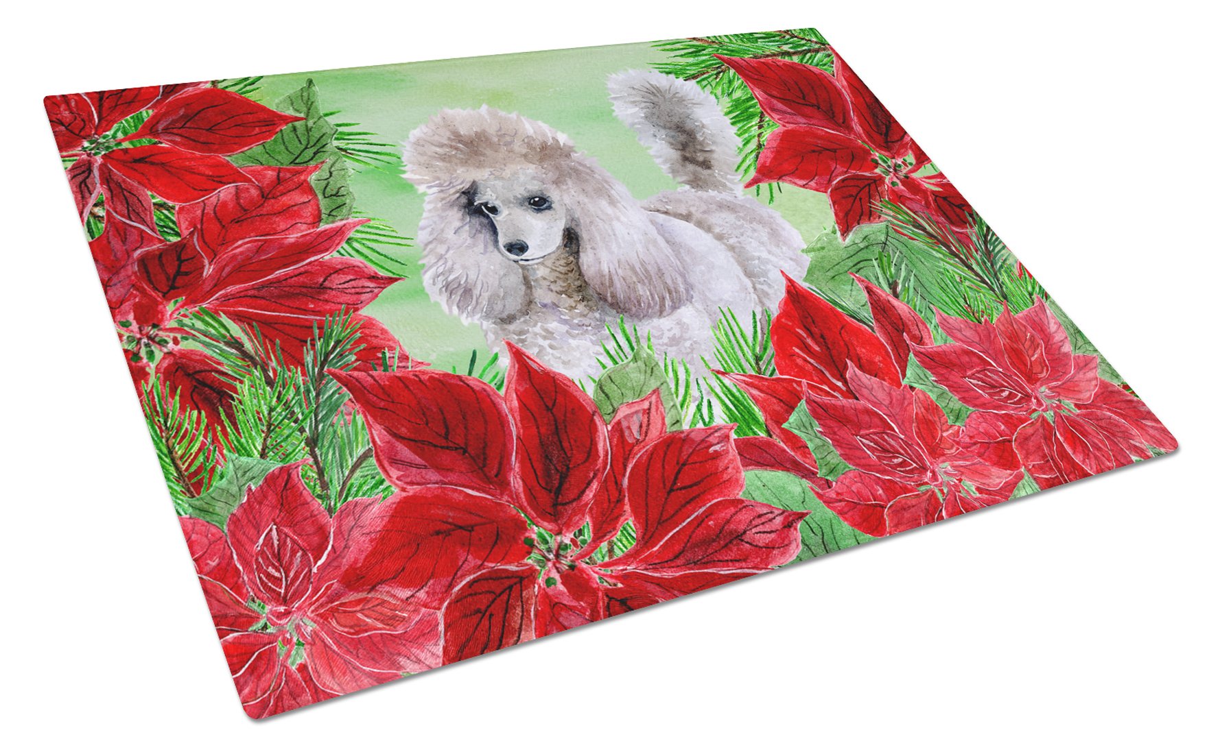 Poodle Poinsettas Cutting Board Tempered Glass Kitchen Cutting Surface, Heat Resistant Chopping, Non-Slip Feet, Food Prep & Serving