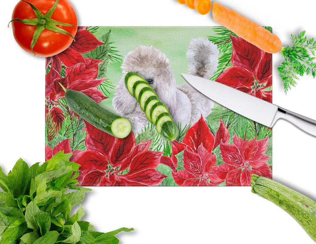 Poodle Poinsettas Cutting Board Tempered Glass Kitchen Cutting Surface, Heat Resistant Chopping, Non-Slip Feet, Food Prep & Serving