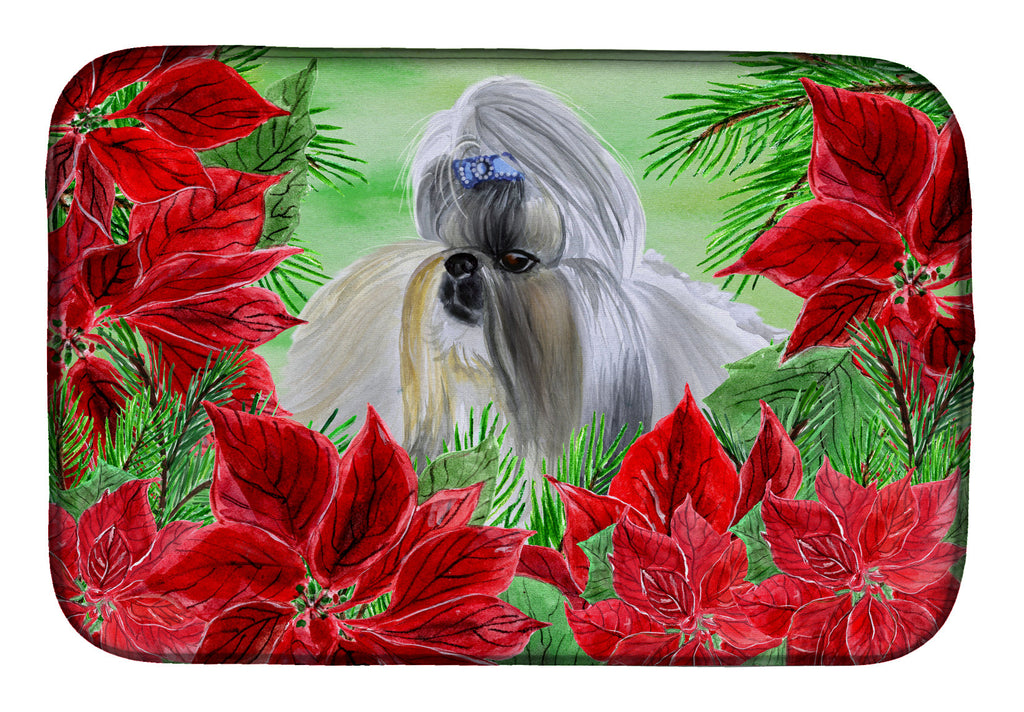 Shih Tzu Poinsettas Dish Drying Mat Absorbent Dish Drying Mat Pad for Kitchen Counter Dish Drainer Mat for Countertop, 14 x 21", Multicolor