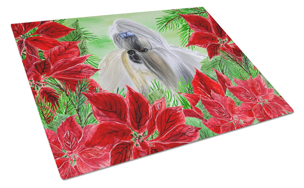 Shih Tzu Poinsettas Cutting Board Tempered Glass Kitchen Cutting Surface, Heat Resistant Chopping, Non-Slip Feet, Food Prep & Serving