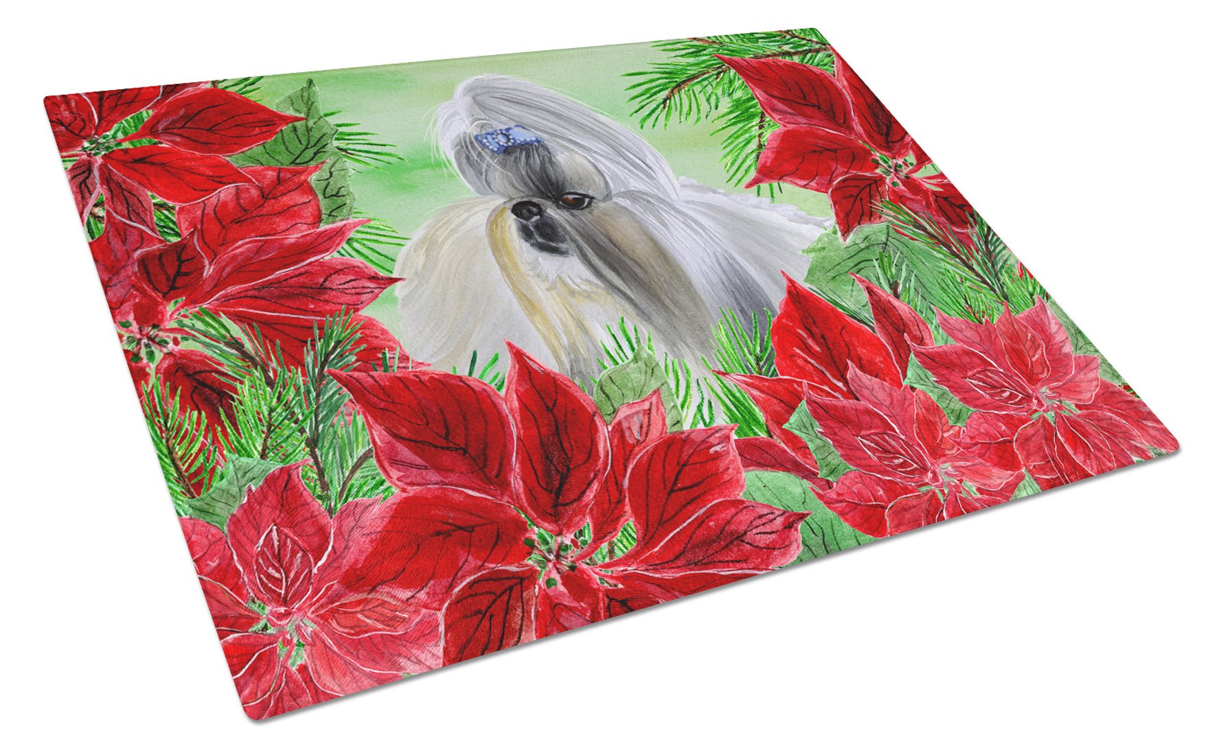 Shih Tzu Poinsettas Cutting Board Tempered Glass Kitchen Cutting Surface, Heat Resistant Chopping, Non-Slip Feet, Food Prep & Serving