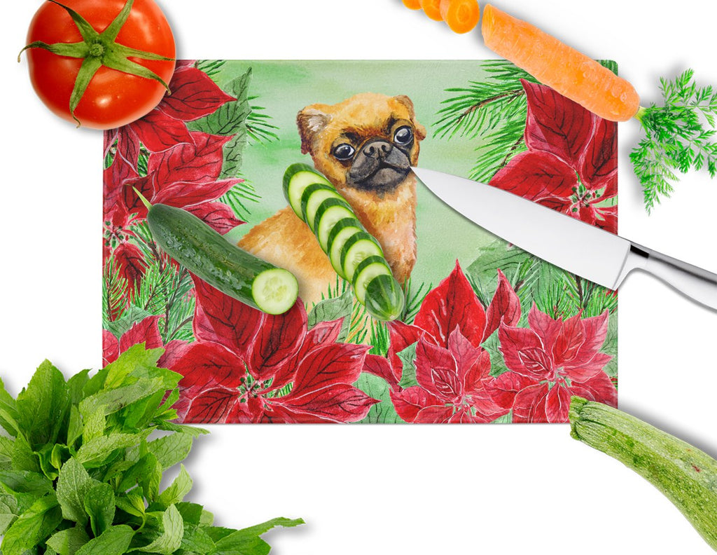 Small Brabant Griffon Poinsettas Cutting Board Tempered Glass Kitchen Cutting Surface, Heat Resistant Chopping, Non-Slip Feet, Food Prep & Serving