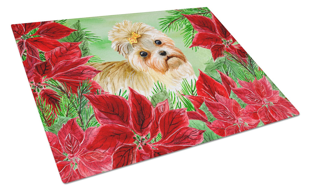 Morkie Poinsettas Cutting Board Tempered Glass Kitchen Cutting Surface, Heat Resistant Chopping, Non-Slip Feet, Food Prep & Serving
