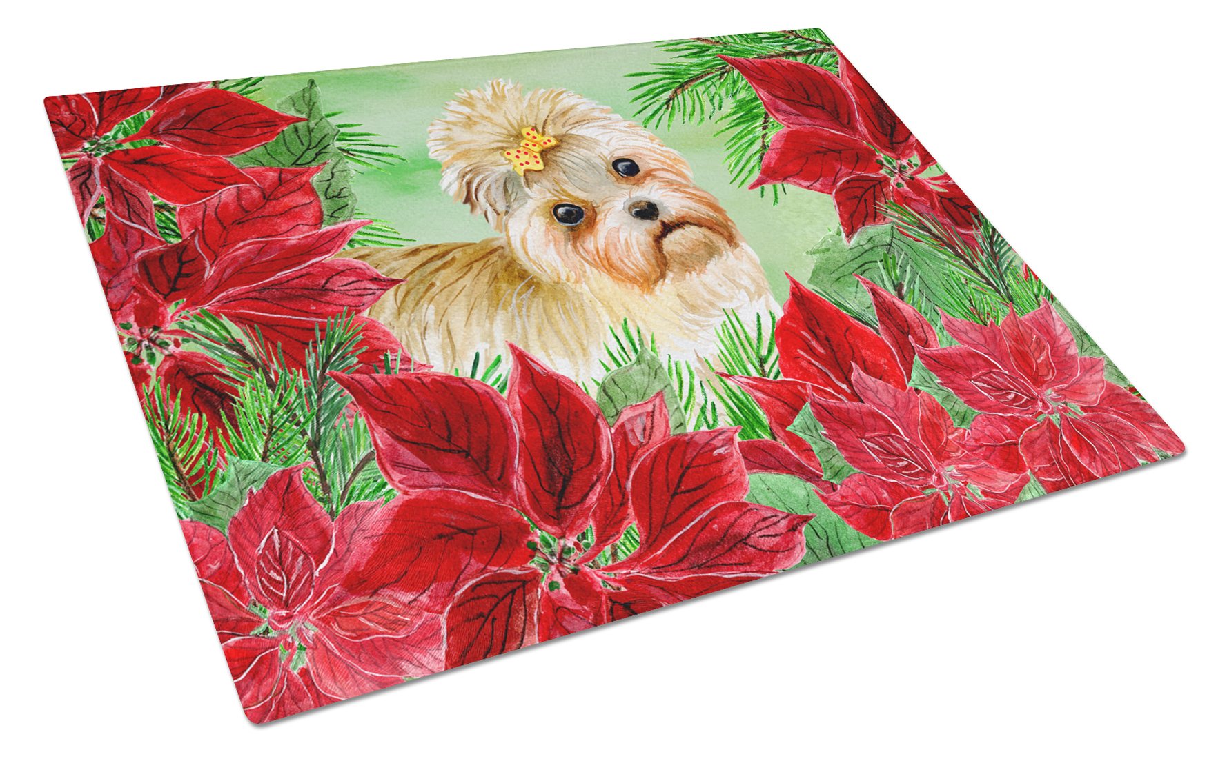Morkie Poinsettas Cutting Board Tempered Glass Kitchen Cutting Surface, Heat Resistant Chopping, Non-Slip Feet, Food Prep & Serving