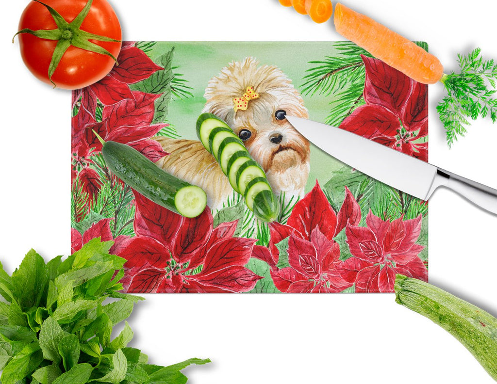 Morkie Poinsettas Cutting Board Tempered Glass Kitchen Cutting Surface, Heat Resistant Chopping, Non-Slip Feet, Food Prep & Serving