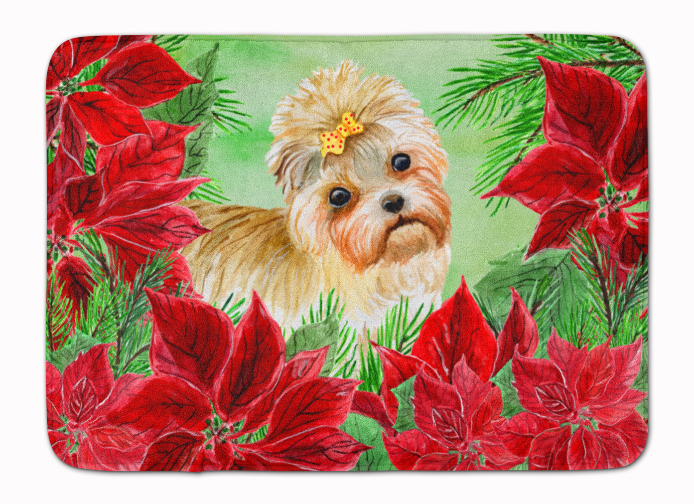 Morkie Poinsettas Memory Foam Kitchen Mat Machine Washable Anti-Fatigue Cushion Comfort Bath or Kitchen Rug