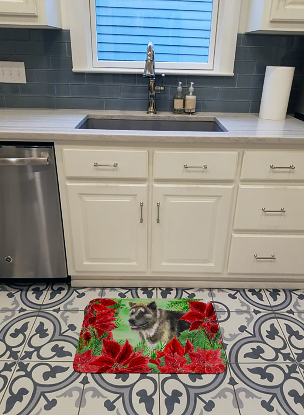 American Akita Poinsettas Memory Foam Kitchen Mat Machine Washable Anti-Fatigue Cushion Comfort Bath or Kitchen Rug