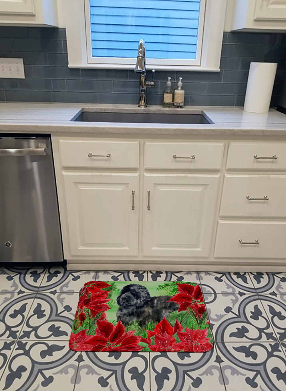 Newfoundland Poinsettas Memory Foam Kitchen Mat Machine Washable Anti-Fatigue Cushion Comfort Bath or Kitchen Rug