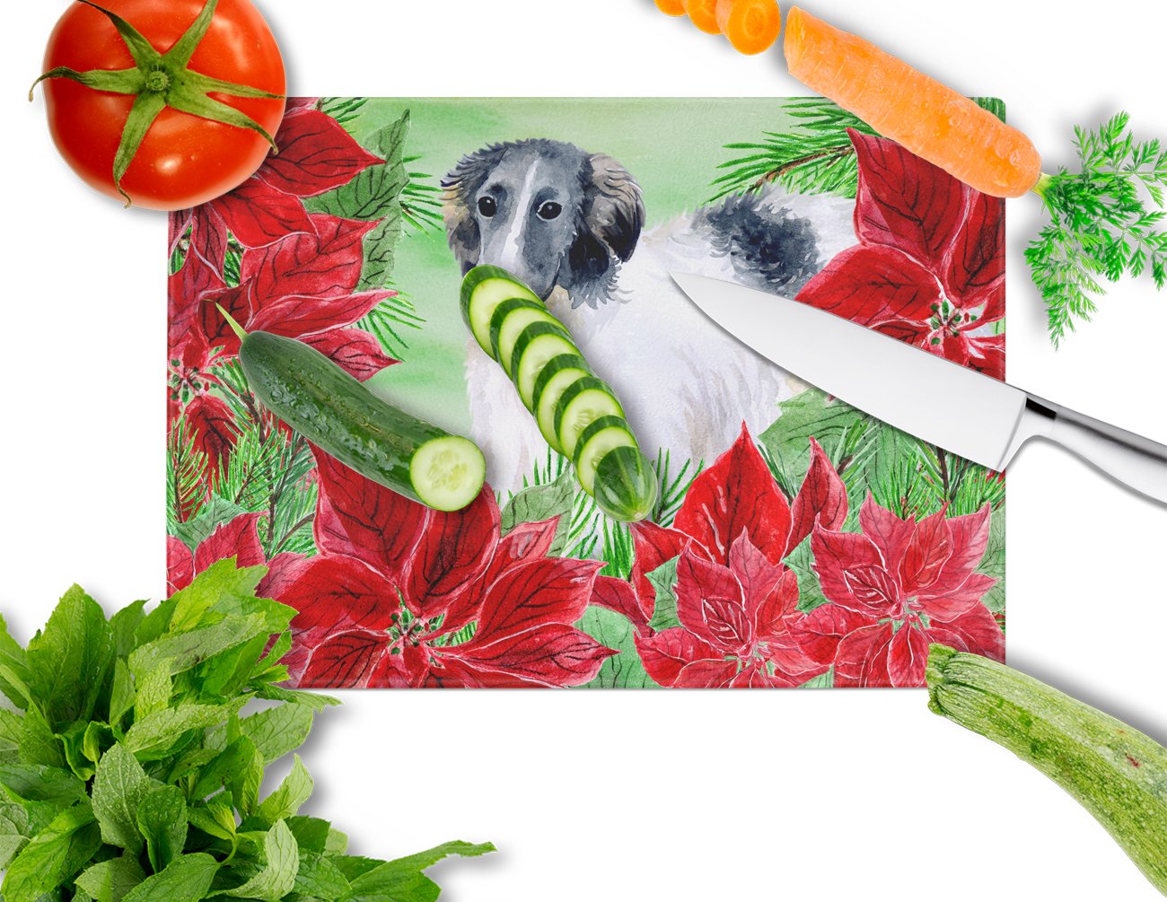 Borzoi Poinsettas Cutting Board Tempered Glass Kitchen Cutting Surface, Heat Resistant Chopping, Non-Slip Feet, Food Prep & Serving