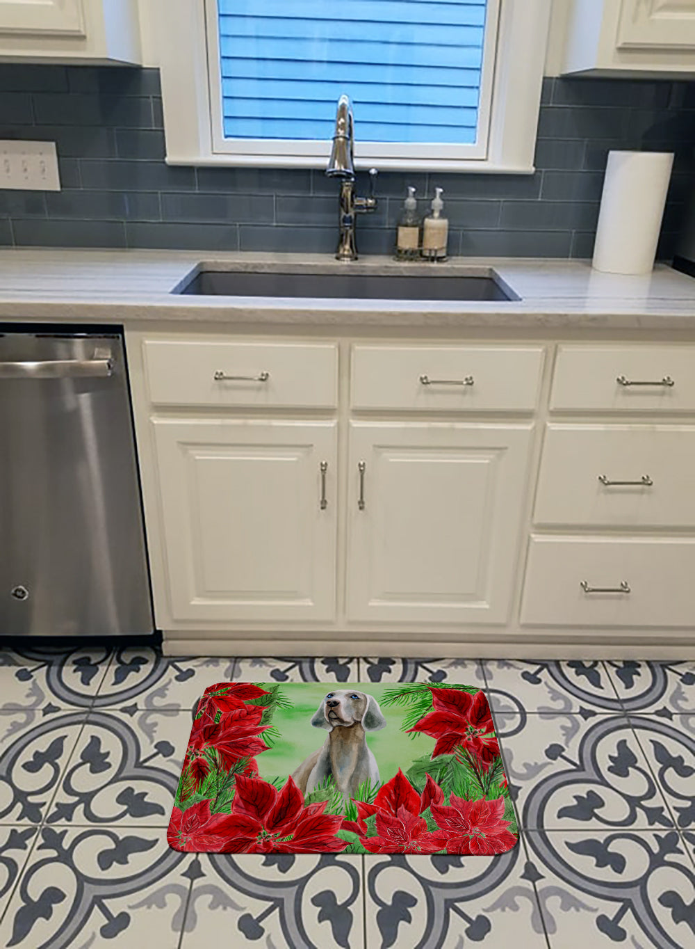 Weimaraner Poinsettas Memory Foam Kitchen Mat Machine Washable Anti-Fatigue Cushion Comfort Bath or Kitchen Rug