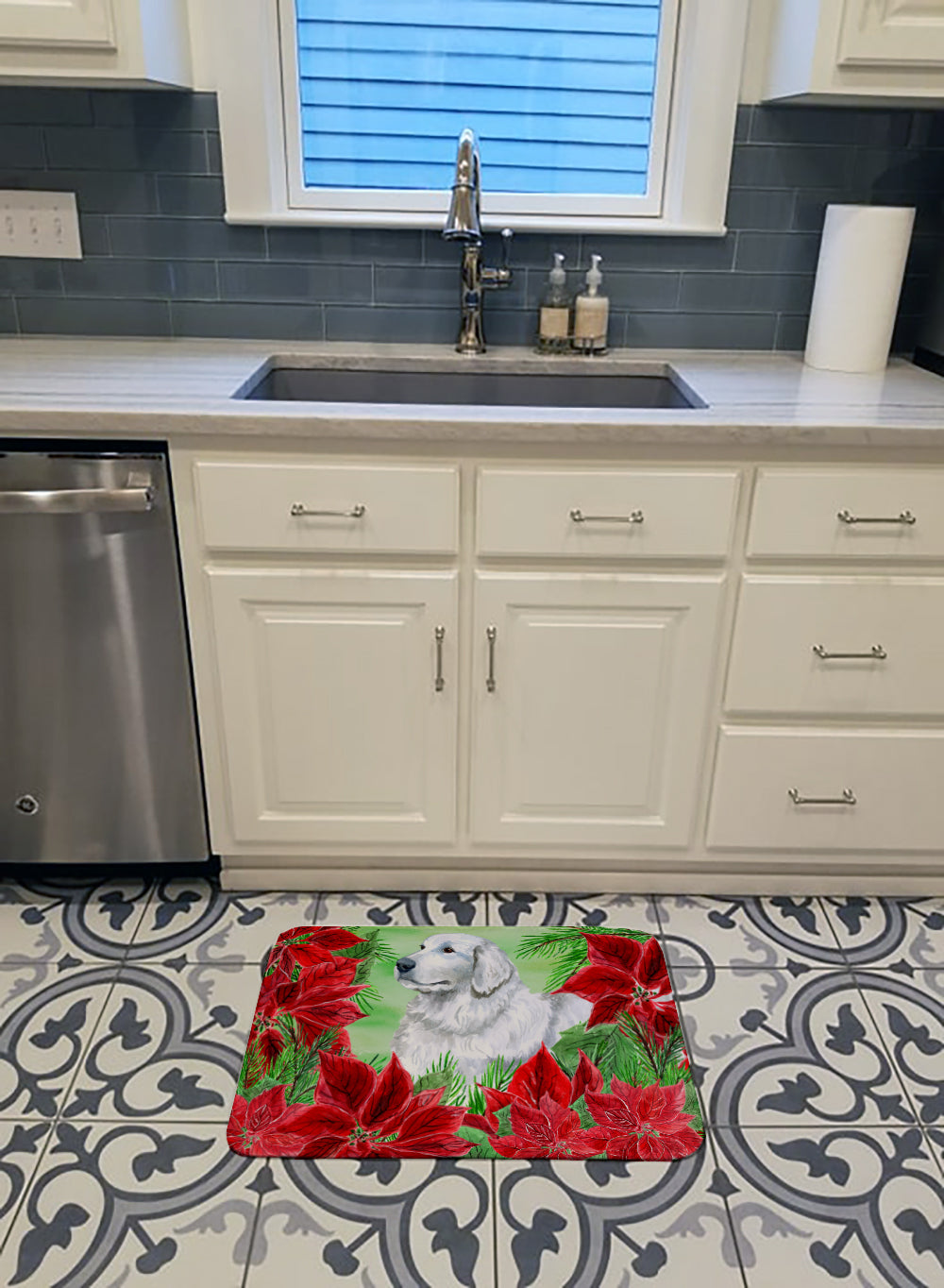 Maremma Sheepdog Poinsettas Memory Foam Kitchen Mat Machine Washable Anti-Fatigue Cushion Comfort Bath or Kitchen Rug