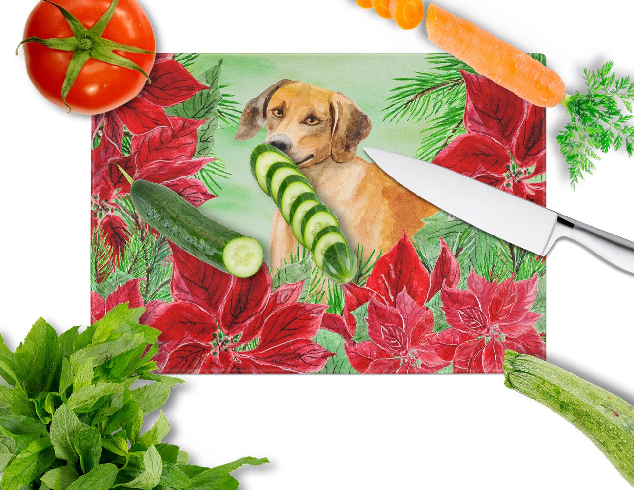 Rhodesian Ridgeback Poinsettas Cutting Board Tempered Glass Kitchen Cutting Surface, Heat Resistant Chopping, Non-Slip Feet, Food Prep & Serving