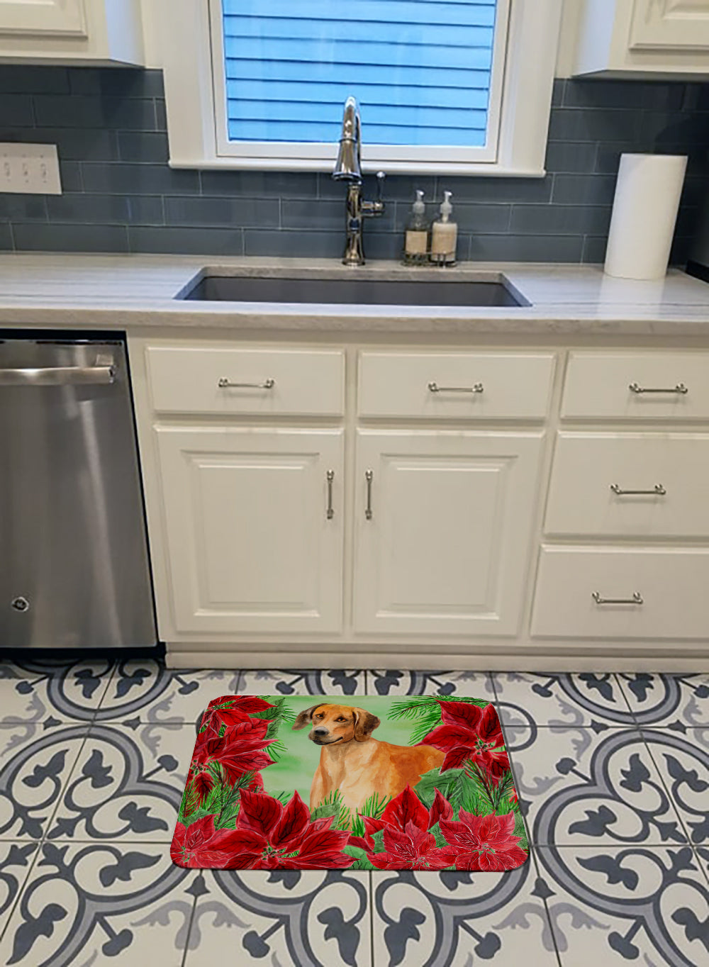 Rhodesian Ridgeback Poinsettas Memory Foam Kitchen Mat Machine Washable Anti-Fatigue Cushion Comfort Bath or Kitchen Rug