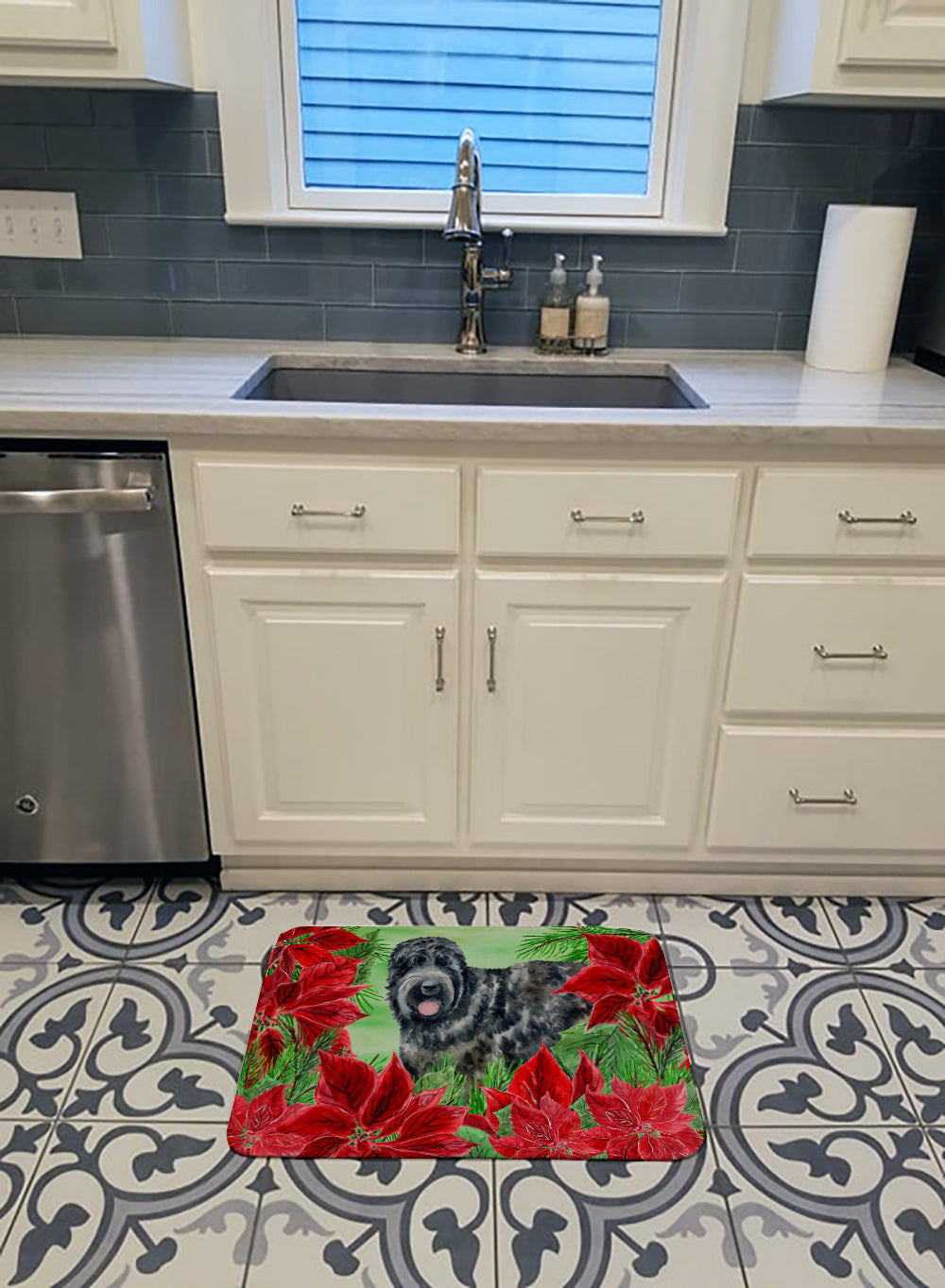 Black Russian Terrier Poinsettas Memory Foam Kitchen Mat Machine Washable Anti-Fatigue Cushion Comfort Bath or Kitchen Rug