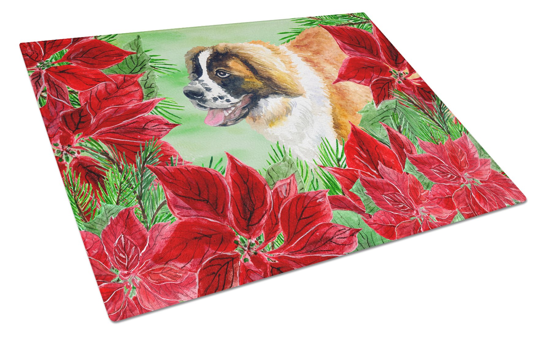 Saint Bernard Poinsettas Cutting Board Tempered Glass Kitchen Cutting Surface, Heat Resistant Chopping, Non-Slip Feet, Food Prep & Serving