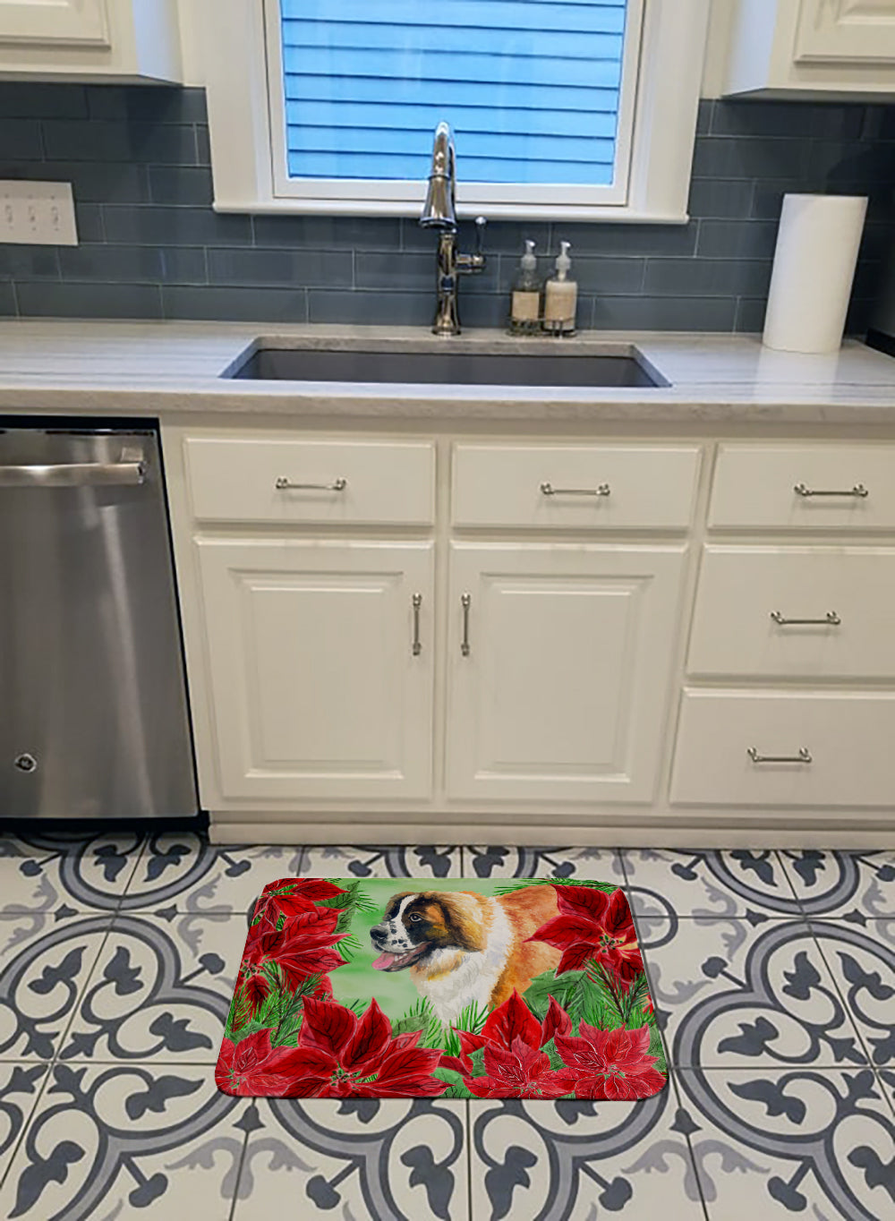 Saint Bernard Poinsettas Memory Foam Kitchen Mat Machine Washable Anti-Fatigue Cushion Comfort Bath or Kitchen Rug
