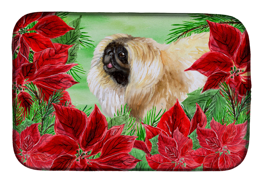 Pekingese Poinsettas Dish Drying Mat Absorbent Dish Drying Mat Pad for Kitchen Counter Dish Drainer Mat for Countertop, 14 x 21", Multicolor