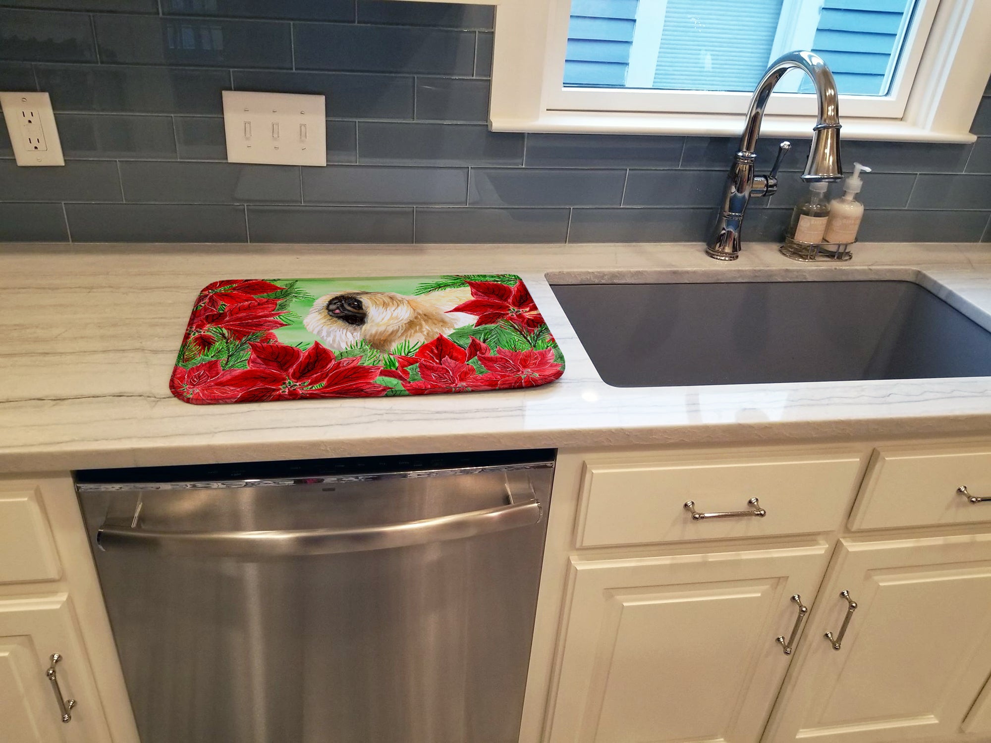 Pekingese Poinsettas Dish Drying Mat Absorbent Dish Drying Mat Pad for Kitchen Counter Dish Drainer Mat for Countertop, 14 x 21", Multicolor