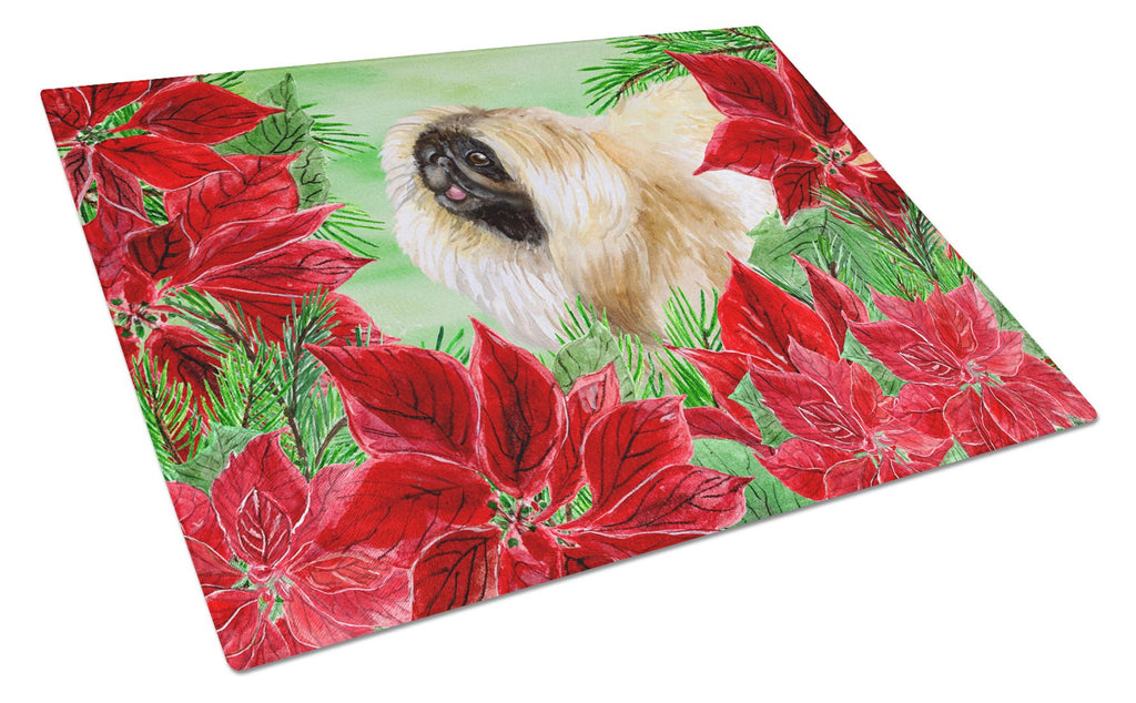 Pekingese Poinsettas Cutting Board Tempered Glass Kitchen Cutting Surface, Heat Resistant Chopping, Non-Slip Feet, Food Prep & Serving