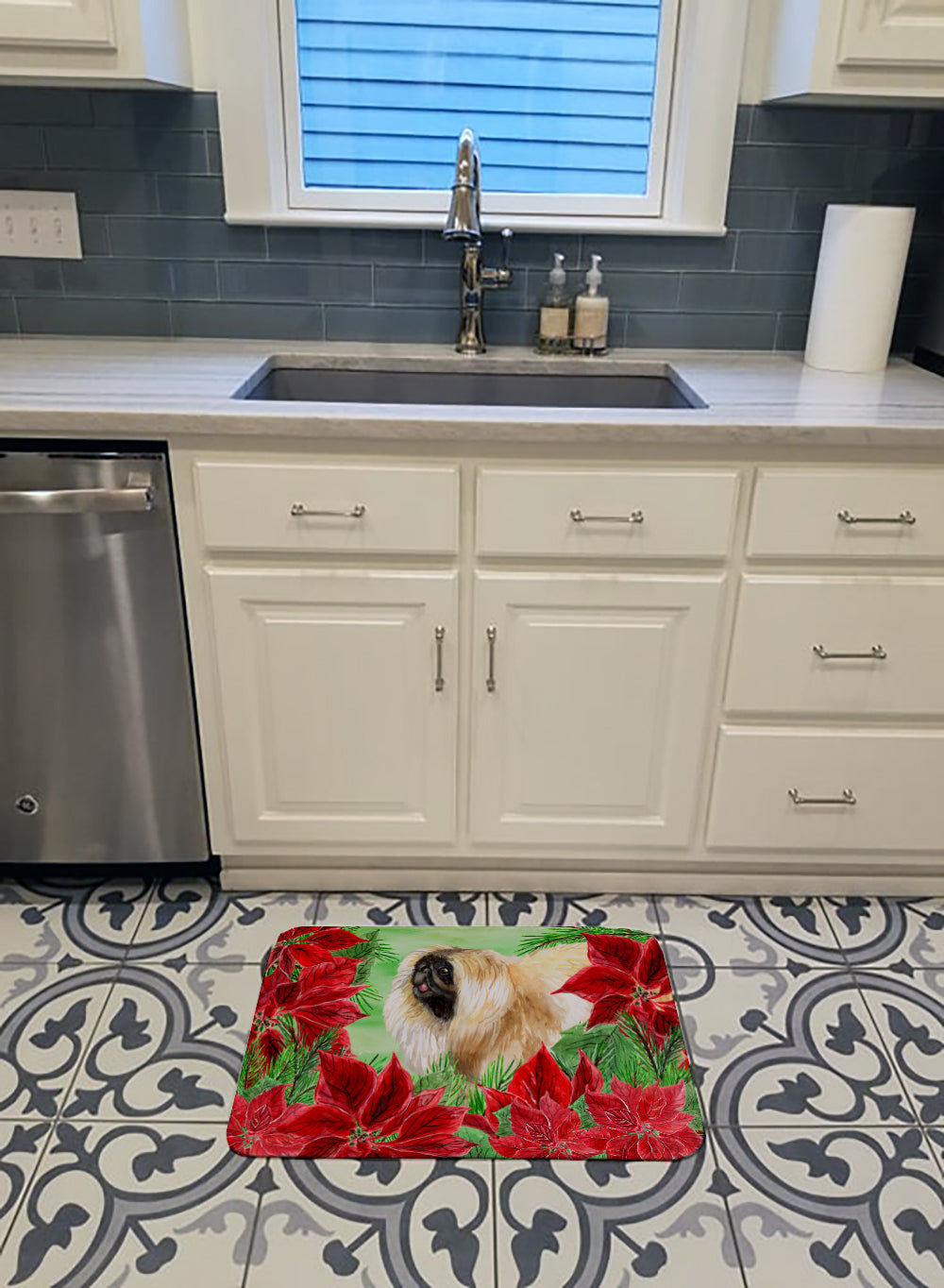 Pekingese Poinsettas Memory Foam Kitchen Mat Machine Washable Anti-Fatigue Cushion Comfort Bath or Kitchen Rug