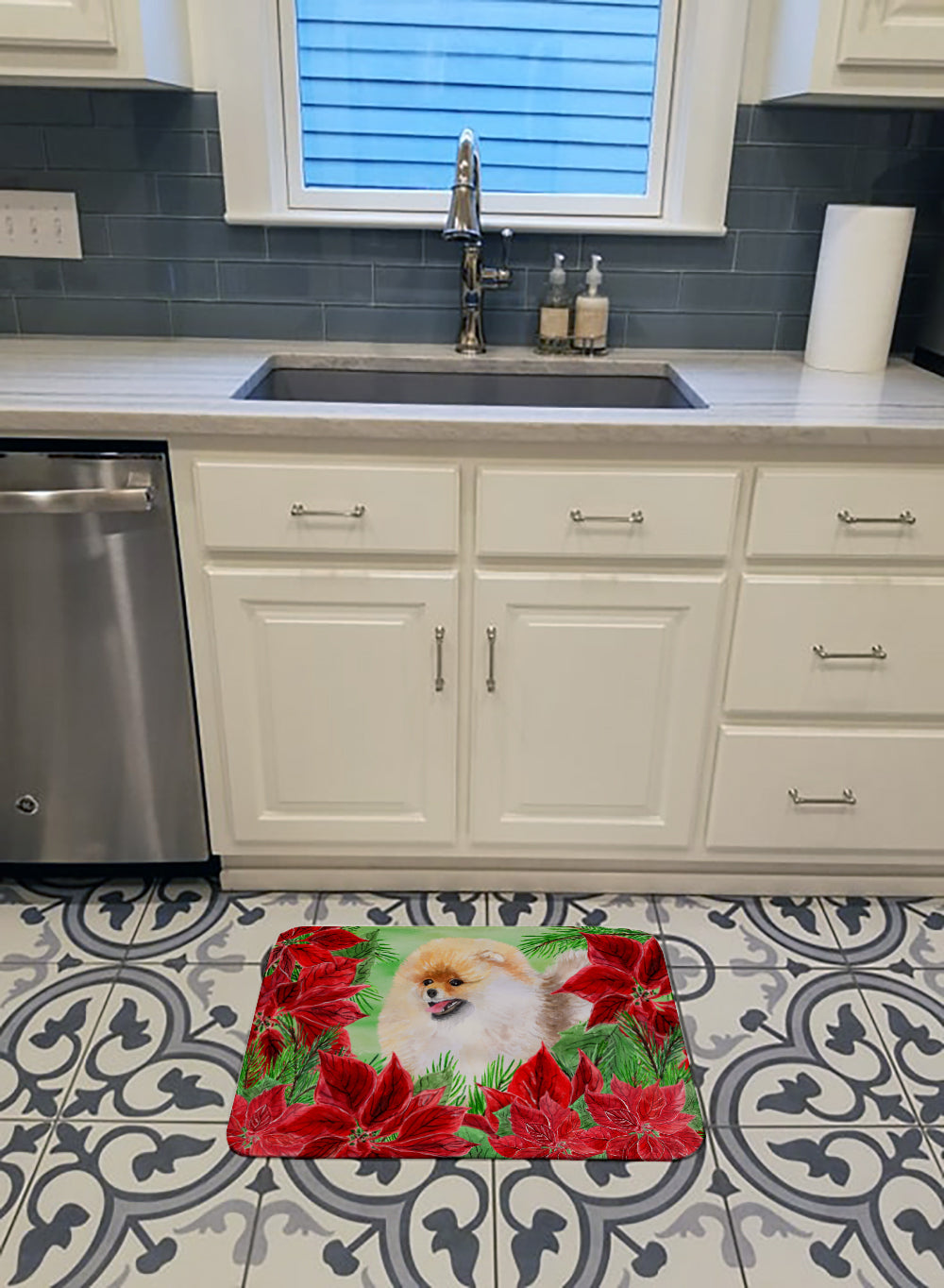 Pomeranian Poinsettas Memory Foam Kitchen Mat Machine Washable Anti-Fatigue Cushion Comfort Bath or Kitchen Rug