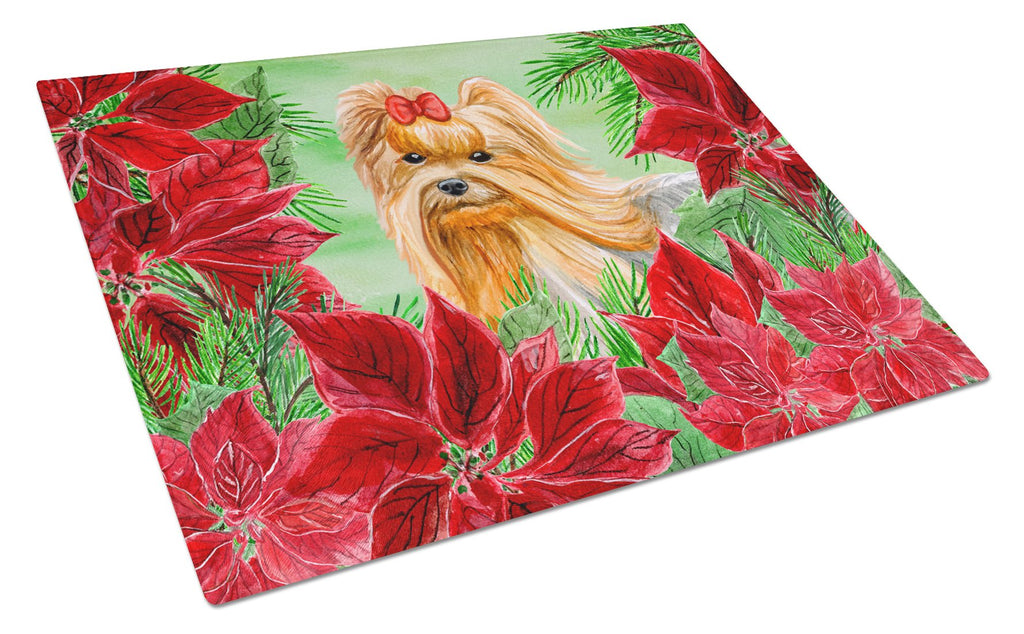 Yorkshire Terrier Poinsettas Cutting Board Tempered Glass Kitchen Cutting Surface, Heat Resistant Chopping, Non-Slip Feet, Food Prep & Serving