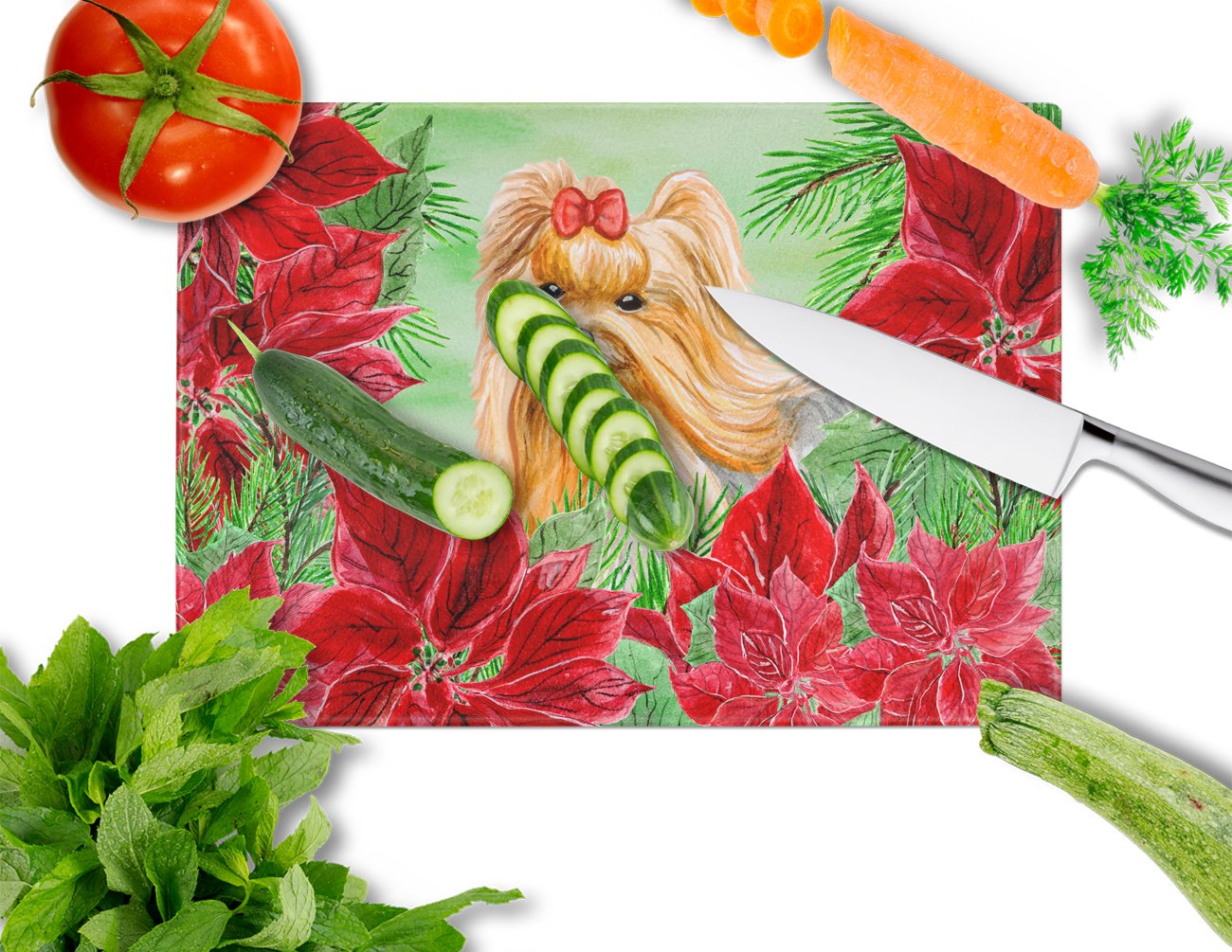 Yorkshire Terrier Poinsettas Cutting Board Tempered Glass Kitchen Cutting Surface, Heat Resistant Chopping, Non-Slip Feet, Food Prep & Serving