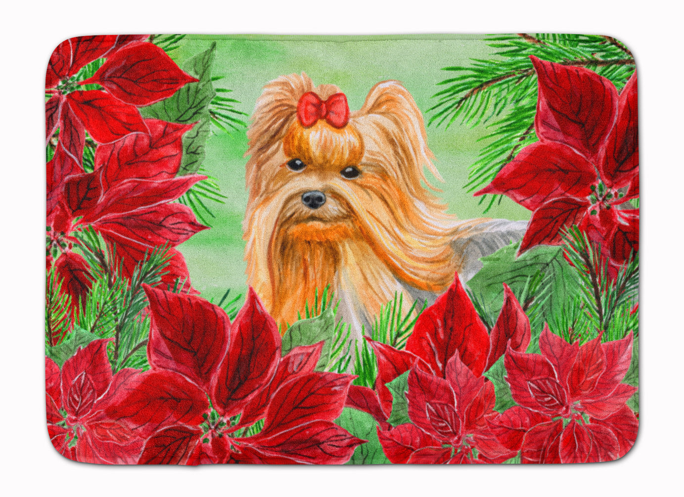 Yorkshire Terrier Poinsettas Memory Foam Kitchen Mat Machine Washable Anti-Fatigue Cushion Comfort Bath or Kitchen Rug