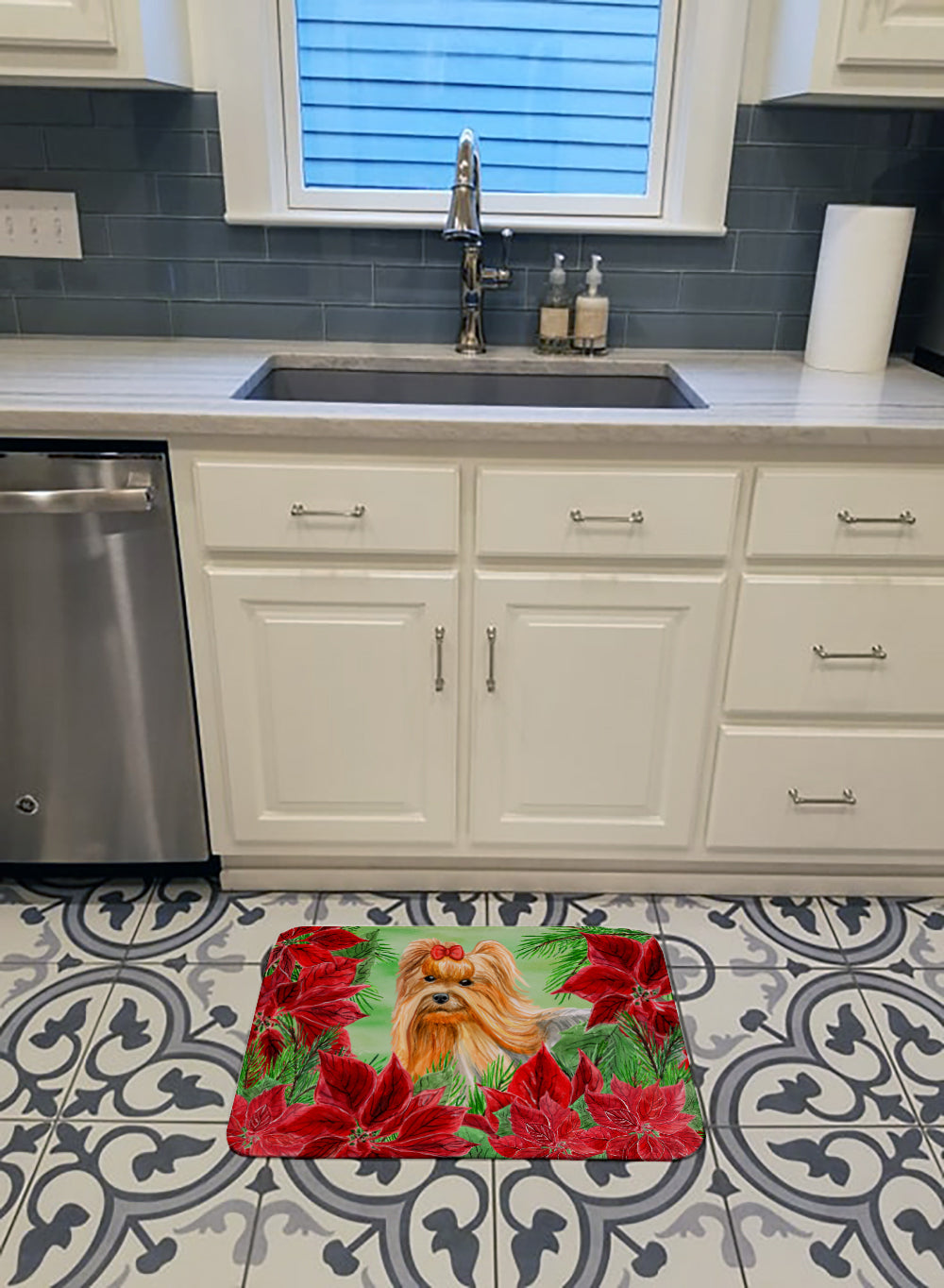 Yorkshire Terrier Poinsettas Memory Foam Kitchen Mat Machine Washable Anti-Fatigue Cushion Comfort Bath or Kitchen Rug