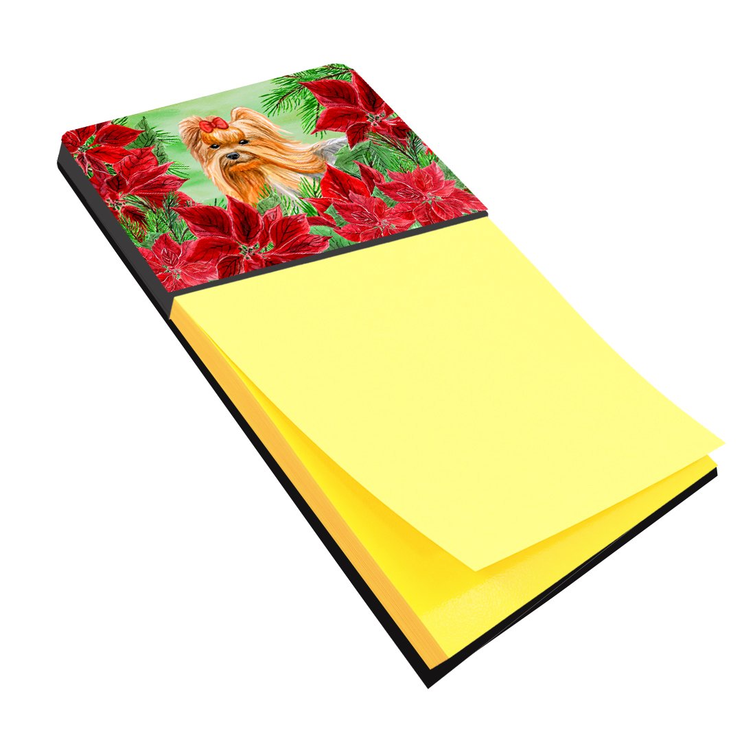 Yorkshire Terrier Poinsettas Watercolor Sticky Note Holder Refillable Dispenser Desk Accessory 3x3 Pad Gift