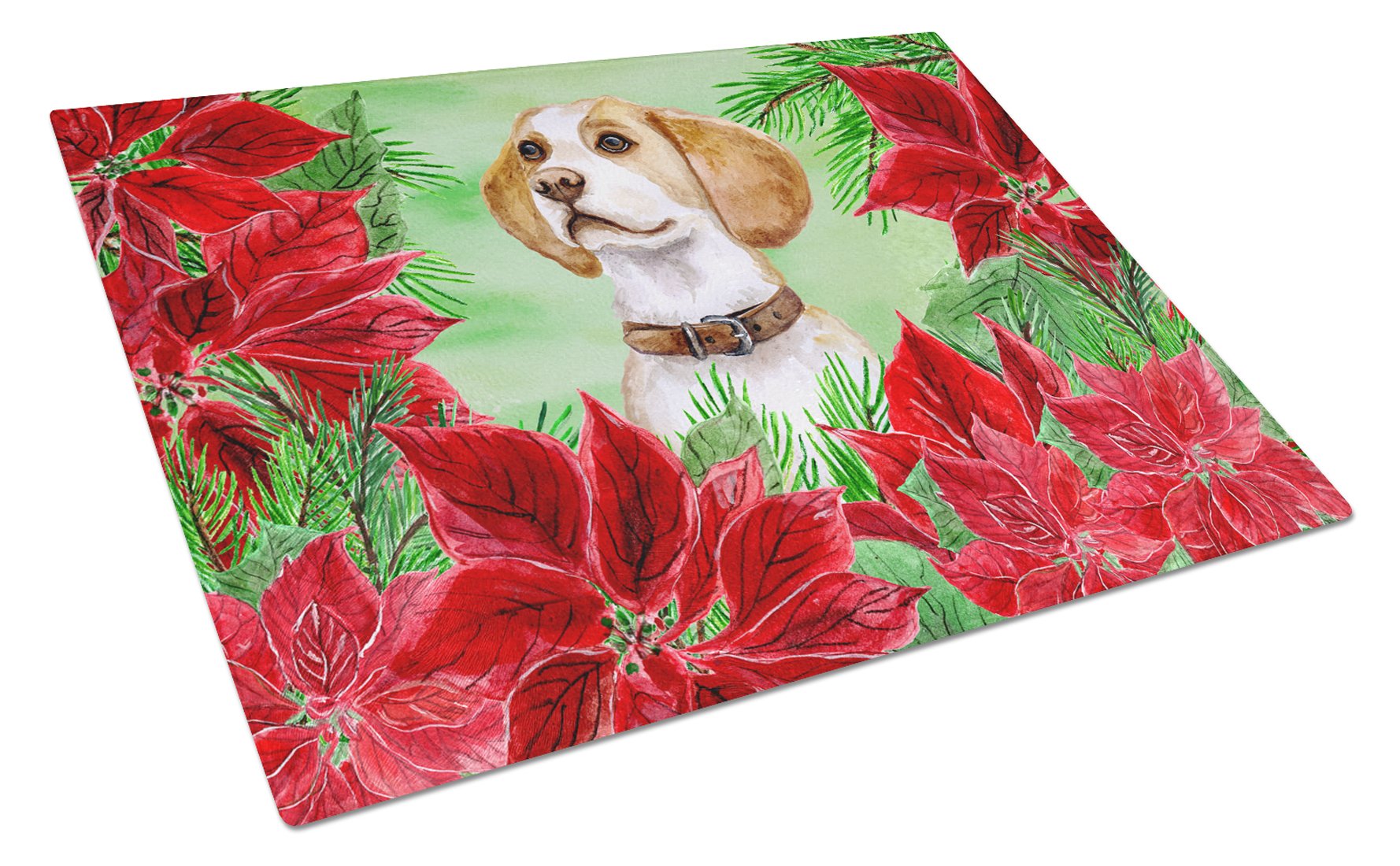 Beagle Poinsettas Cutting Board Tempered Glass Kitchen Cutting Surface, Heat Resistant Chopping, Non-Slip Feet, Food Prep & Serving