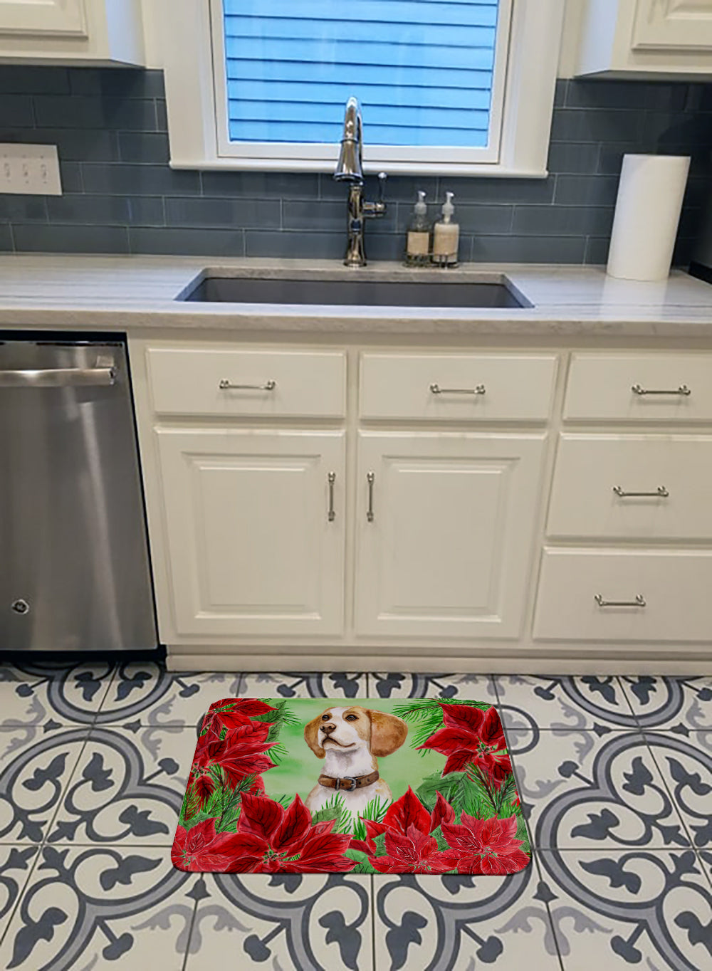 Beagle Poinsettas Memory Foam Kitchen Mat Machine Washable Anti-Fatigue Cushion Comfort Bath or Kitchen Rug