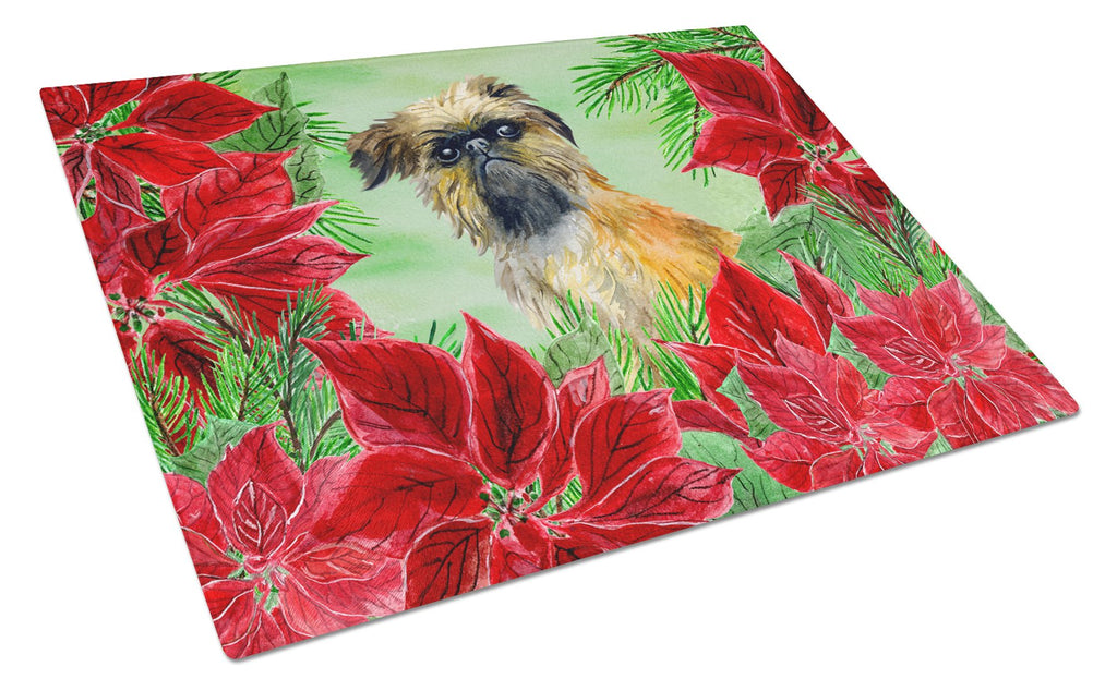 Brussels Griffon Poinsettas Cutting Board Tempered Glass Kitchen Cutting Surface, Heat Resistant Chopping, Non-Slip Feet, Food Prep & Serving