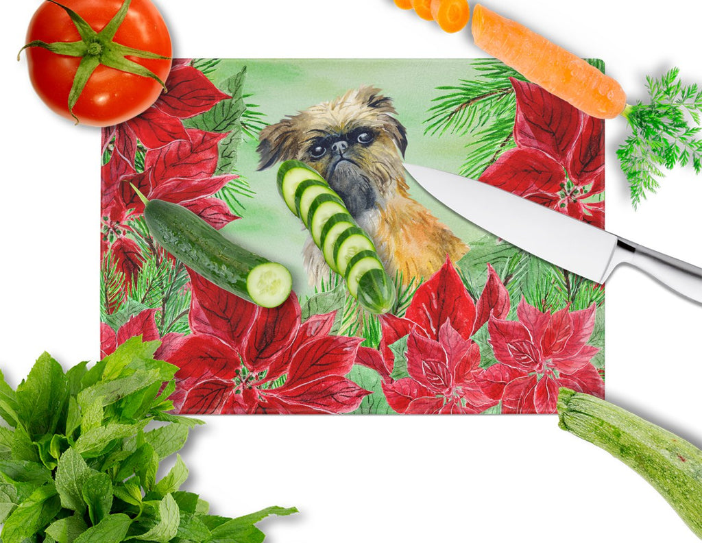 Brussels Griffon Poinsettas Cutting Board Tempered Glass Kitchen Cutting Surface, Heat Resistant Chopping, Non-Slip Feet, Food Prep & Serving