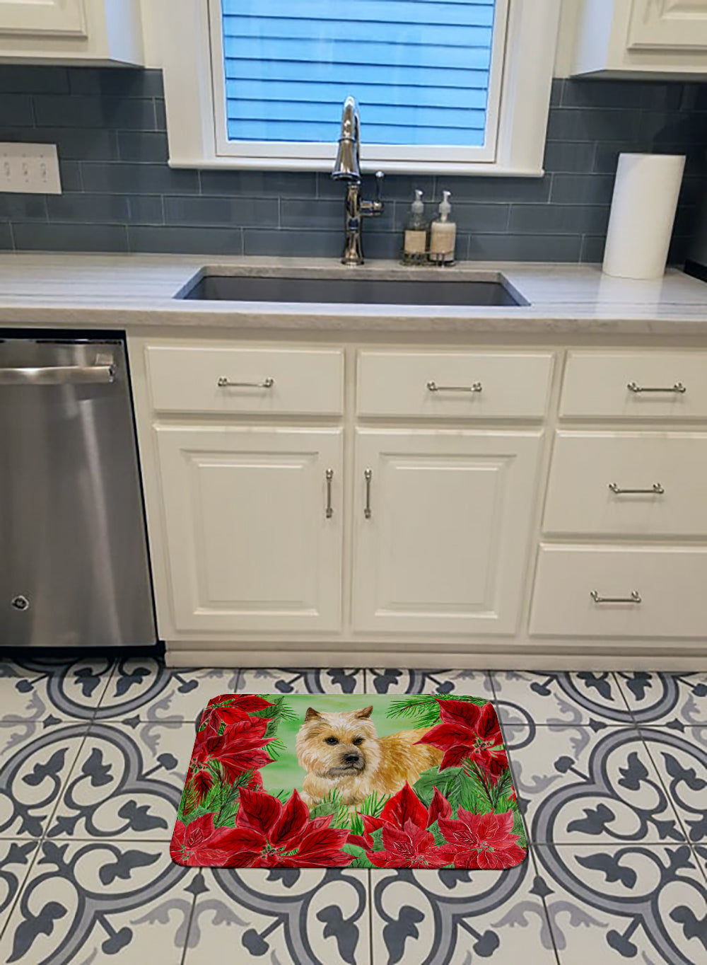 Cairn Terrier Poinsettas Memory Foam Kitchen Mat Machine Washable Anti-Fatigue Cushion Comfort Bath or Kitchen Rug