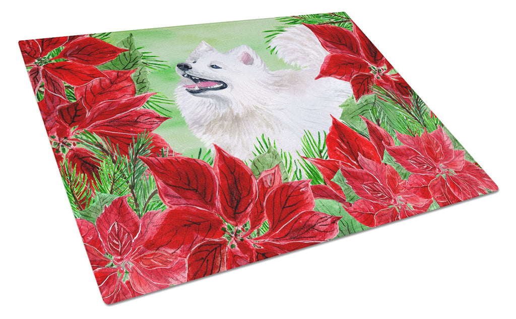Samoyed Poinsettas Cutting Board Tempered Glass Kitchen Cutting Surface, Heat Resistant Chopping, Non-Slip Feet, Food Prep & Serving