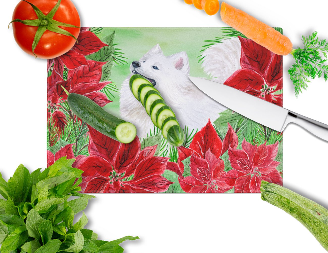 Samoyed Poinsettas Cutting Board Tempered Glass Kitchen Cutting Surface, Heat Resistant Chopping, Non-Slip Feet, Food Prep & Serving