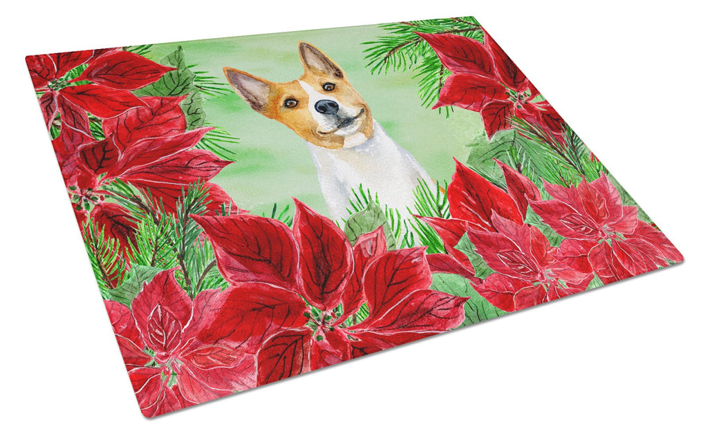 Basenji Poinsettas Cutting Board Tempered Glass Kitchen Cutting Surface, Heat Resistant Chopping, Non-Slip Feet, Food Prep & Serving