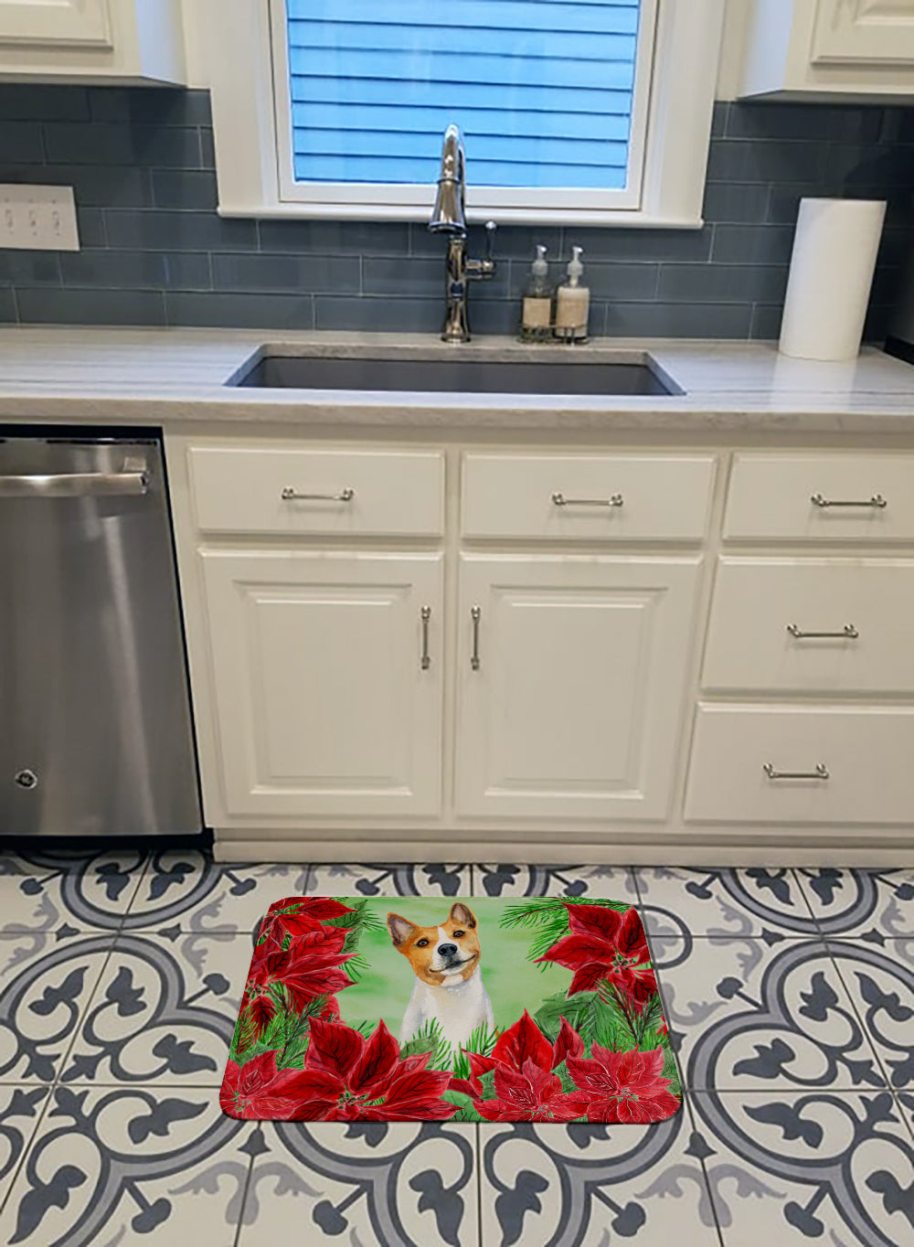 Basenji Poinsettas Memory Foam Kitchen Mat Machine Washable Anti-Fatigue Cushion Comfort Bath or Kitchen Rug