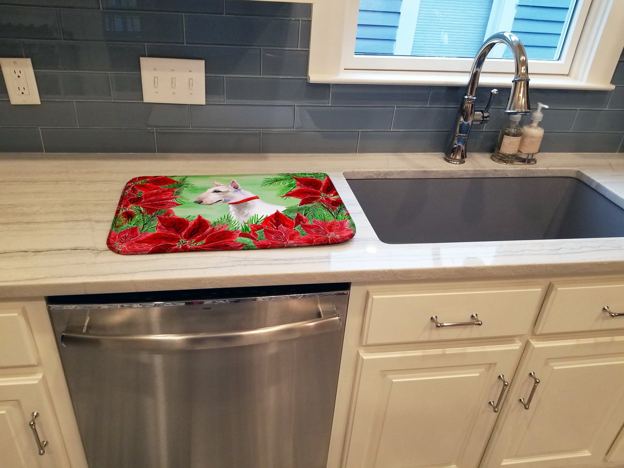 Bull Terrier Poinsettas Dish Drying Mat Absorbent Dish Drying Mat Pad for Kitchen Counter Dish Drainer Mat for Countertop, 14 x 21", Multicolor