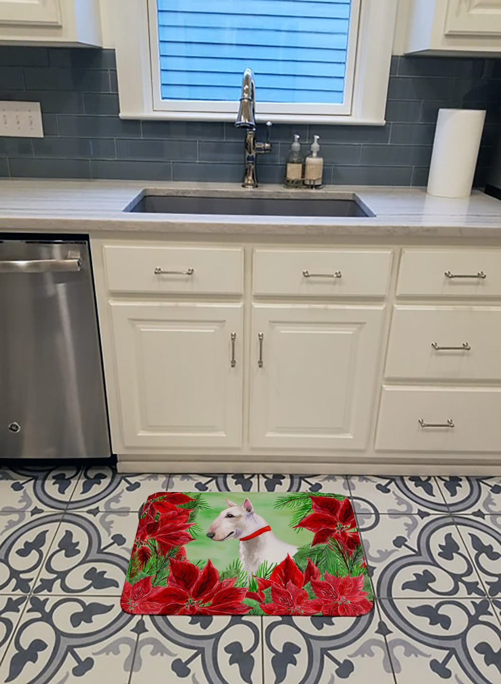 Bull Terrier Poinsettas Memory Foam Kitchen Mat Machine Washable Anti-Fatigue Cushion Comfort Bath or Kitchen Rug