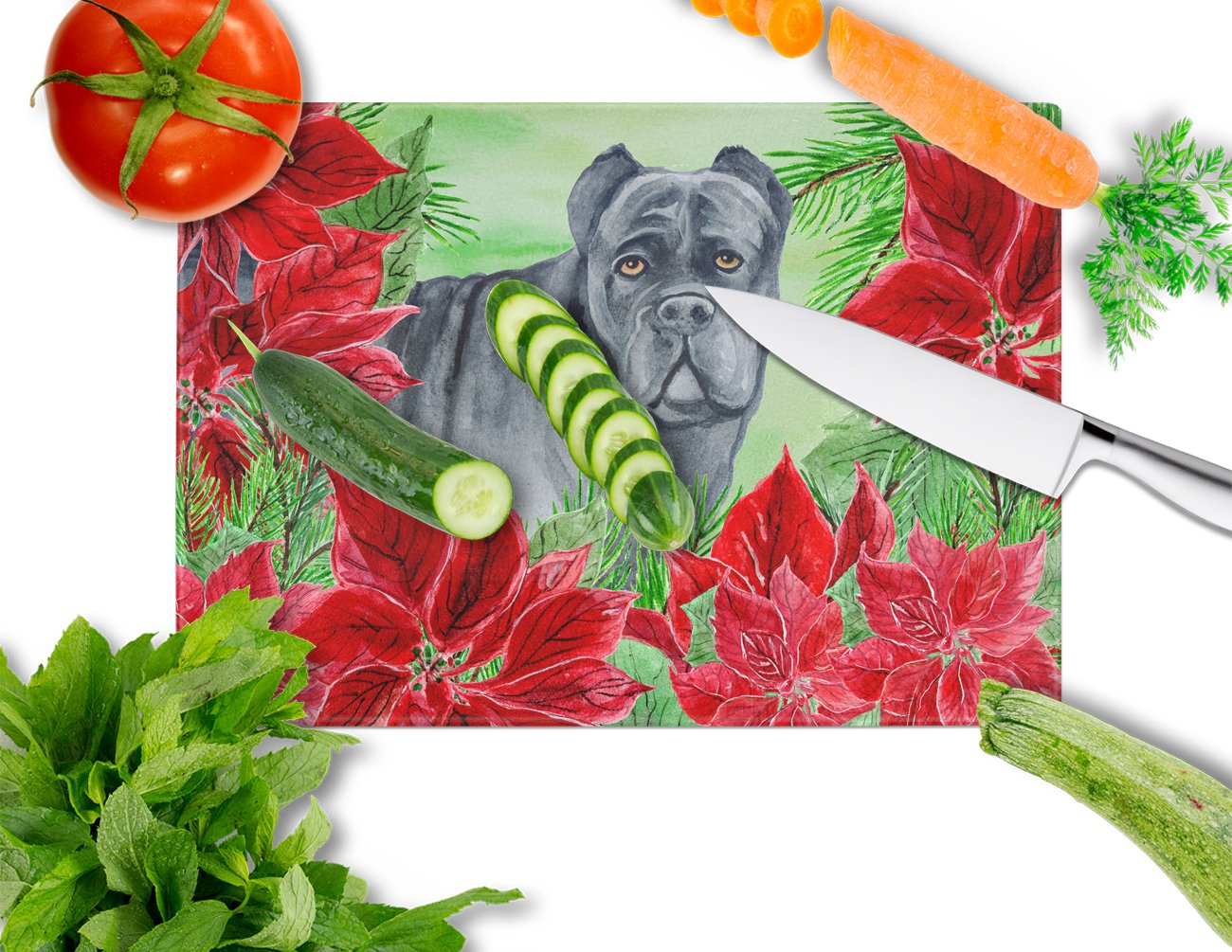 Cane Corso Poinsettas Cutting Board Tempered Glass Kitchen Cutting Surface, Heat Resistant Chopping, Non-Slip Feet, Food Prep & Serving