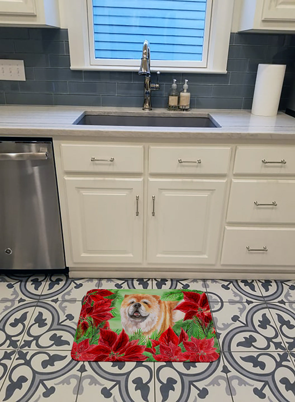Chow Chow Poinsettas Memory Foam Kitchen Mat Machine Washable Anti-Fatigue Cushion Comfort Bath or Kitchen Rug