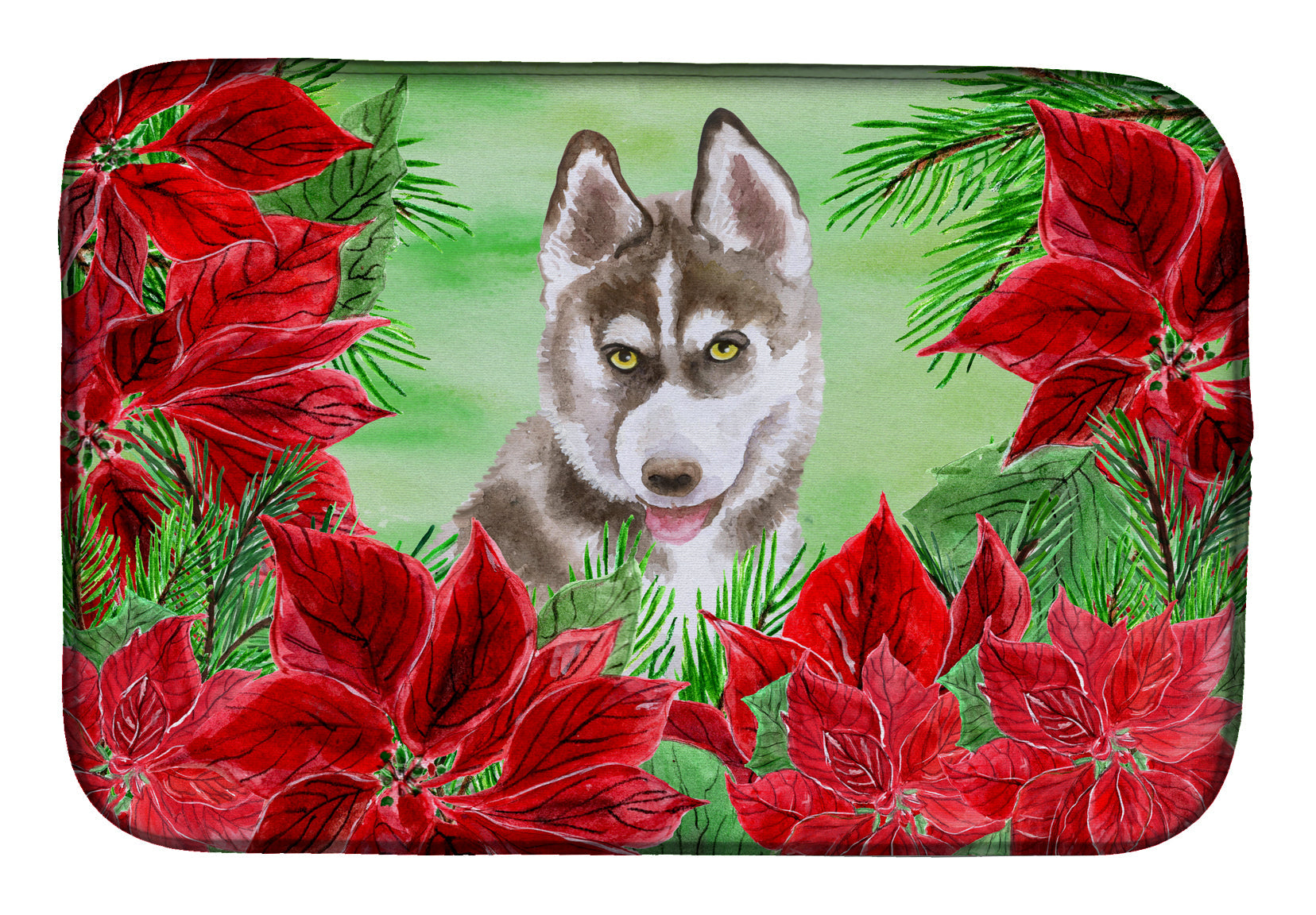 Siberian Husky Grey Poinsettas Dish Drying Mat Absorbent Dish Drying Mat Pad for Kitchen Counter Dish Drainer Mat for Countertop, 14 x 21", Multicolor