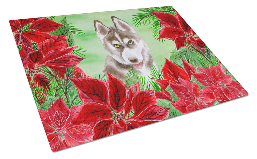 Siberian Husky Grey Poinsettas Cutting Board Tempered Glass Kitchen Cutting Surface, Heat Resistant Chopping, Non-Slip Feet, Food Prep & Serving